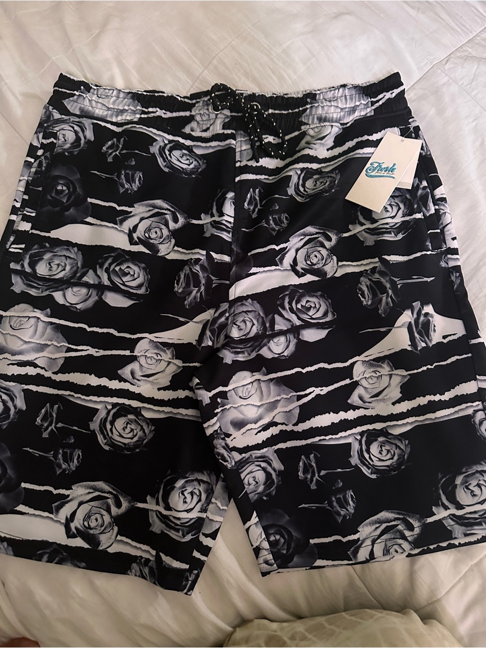 Men's Black Floral Shorts with Drawstring
